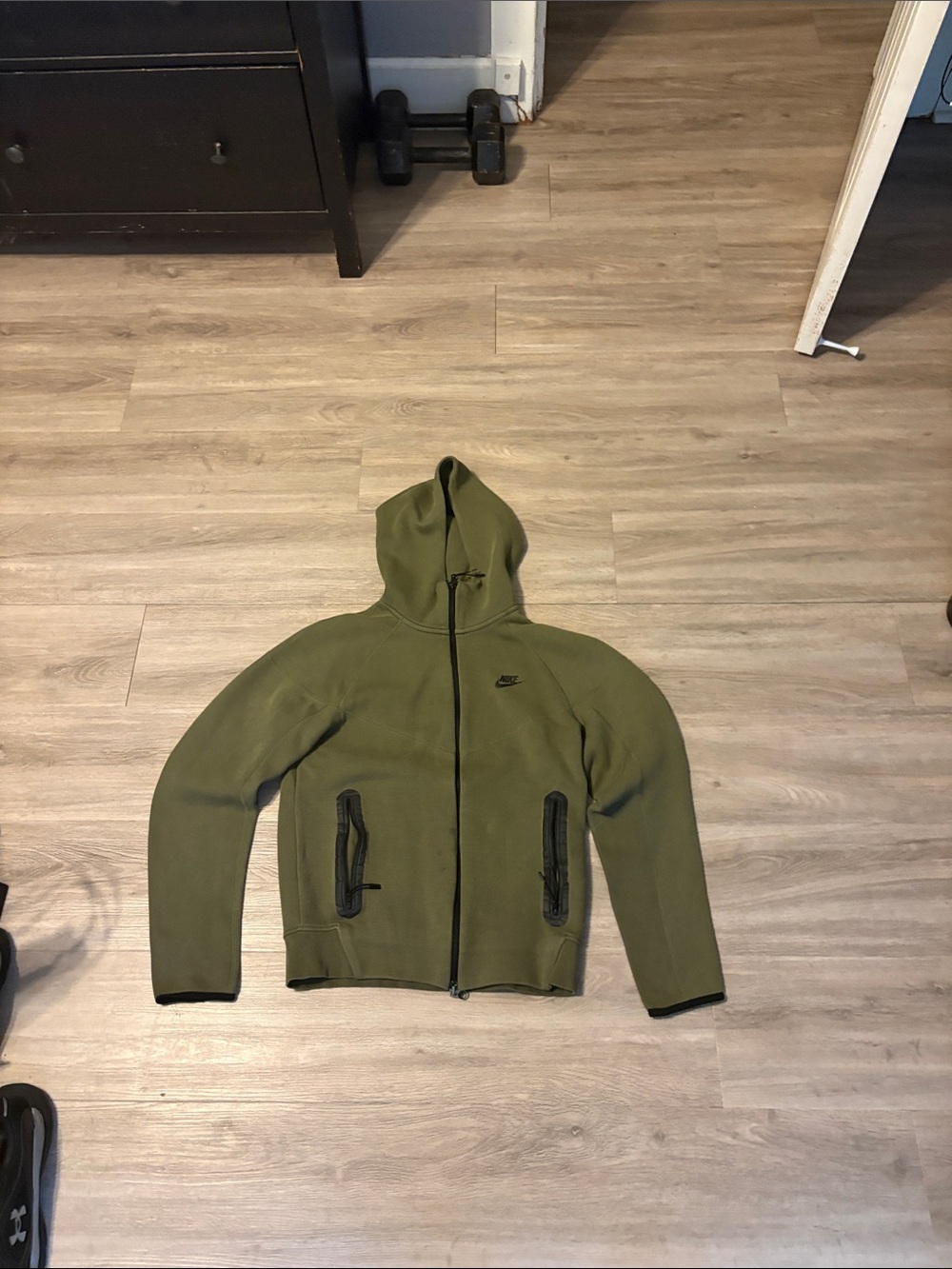 Nike Olive Green Zip Hoodie with Red Logo and Black Trim